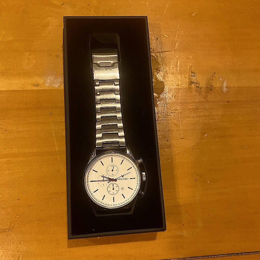 Men’s Watch Chrono S Watch 43MM White & Rose Gold. Steel Silver Strap.